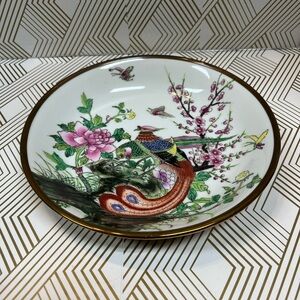 Vintage Nora Fenton Bowl Hand Painted Peacock Design Brass Cover